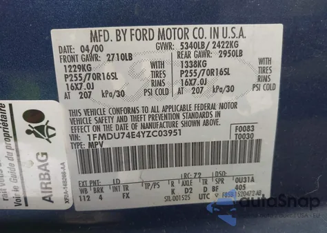 2000 Ford Explorer Eddie Bauer z USA, uszkodzony, nr VIN 1FMDU74E4YZC03951